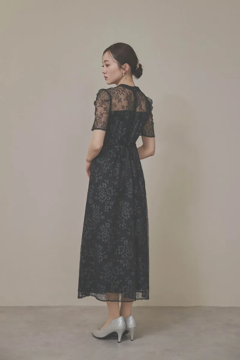 ブラックのマオカラーレースドレス