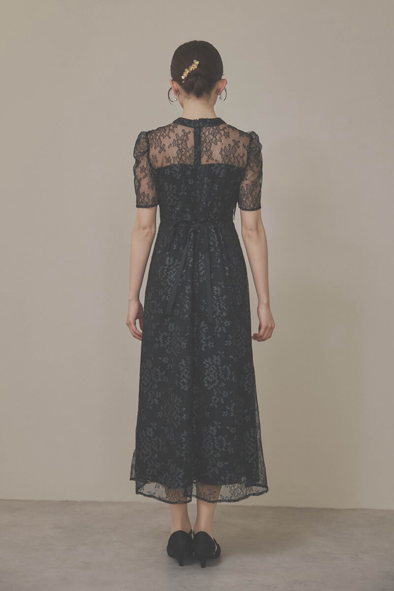 ブラックのマオカラーレースドレス