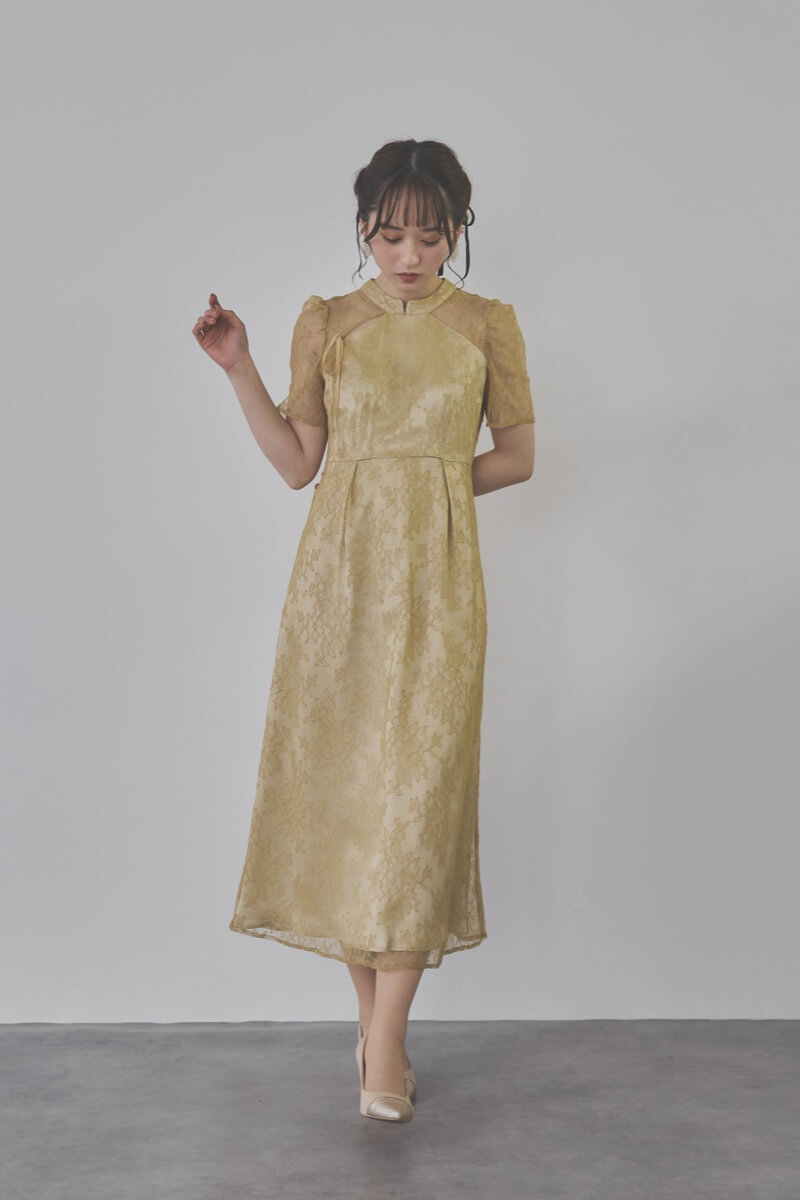 イエローのマオカラーレースドレス