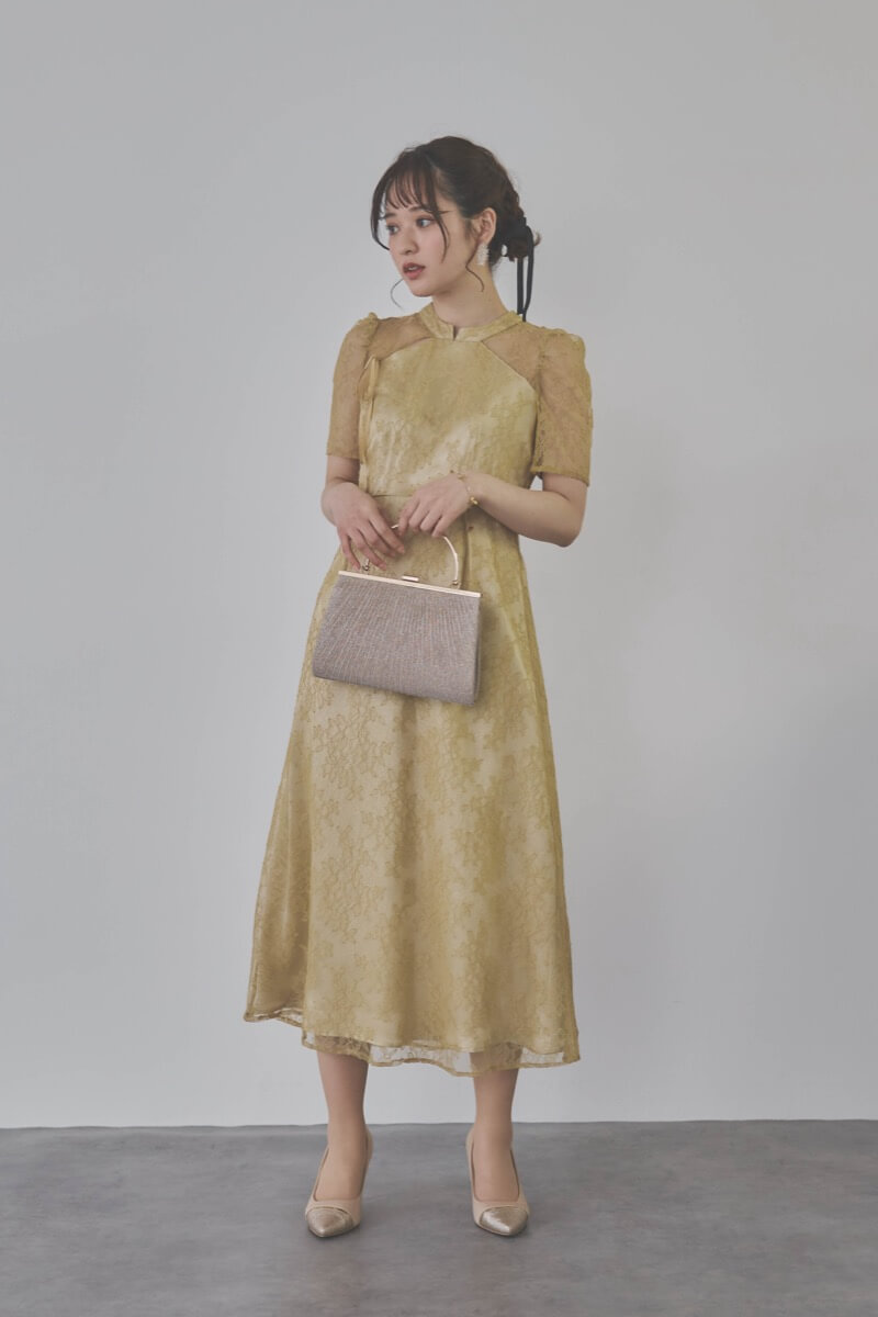 イエローのマオカラーレースドレス