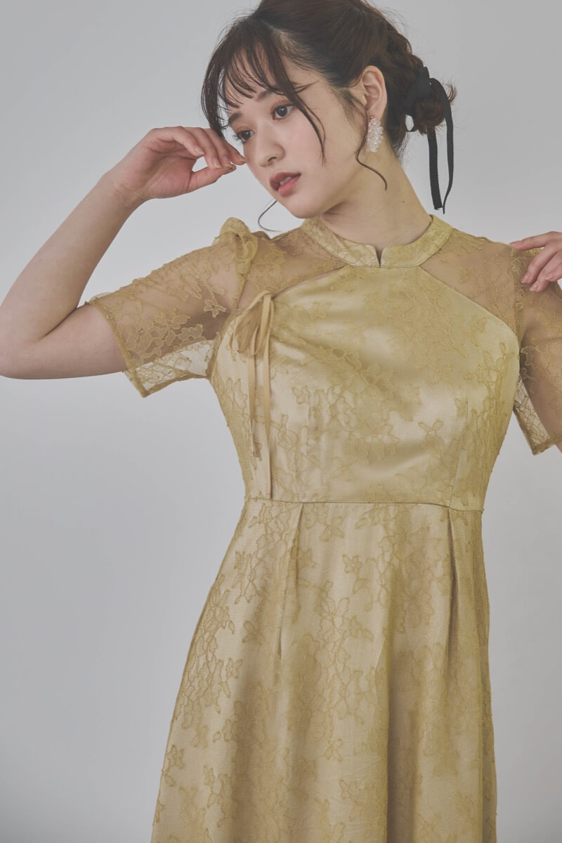 イエローのマオカラーレースドレス