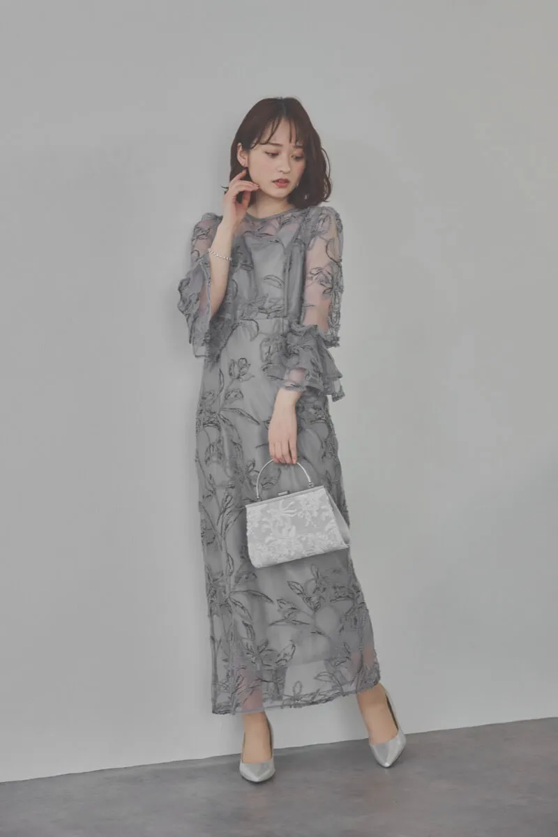 ブルーグレーのファーヤーン刺繍フリルスリーブドレス　M/AIMER