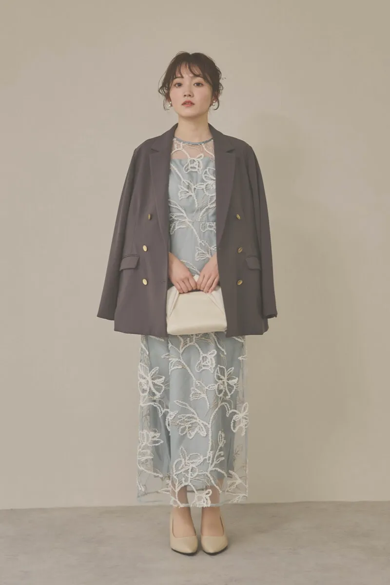 ライトグリーンのファーヤーン刺繍フリルスリーブドレス