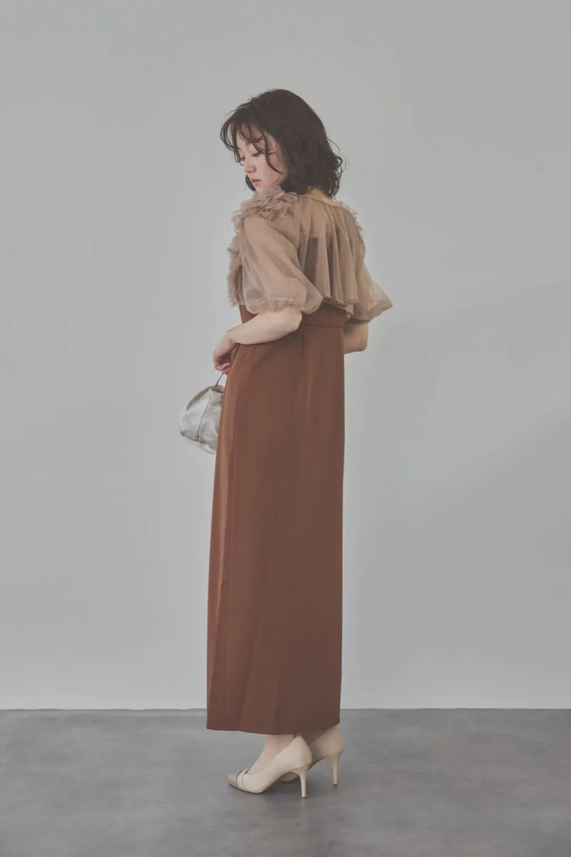 ブラウンのチュールフリルアシンメトリードレス