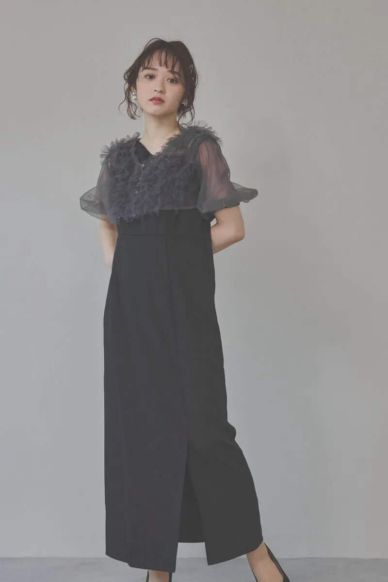 ブラックのチュールフリルアシンメトリードレス[M] Leja