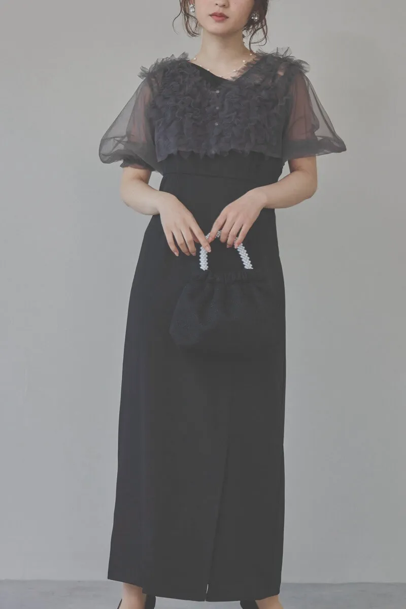 ブラックのチュールフリルアシンメトリードレス