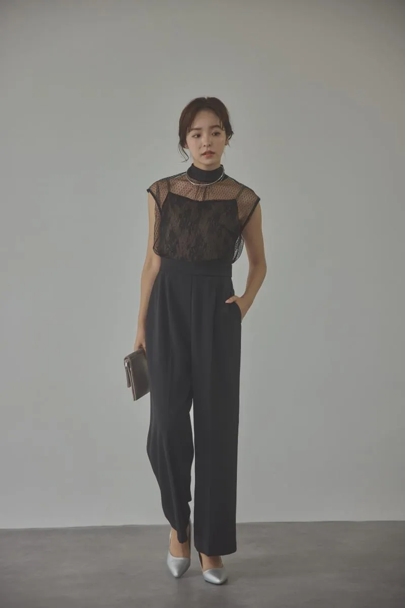 ブラックのチュールレースドッキングパンツドレス