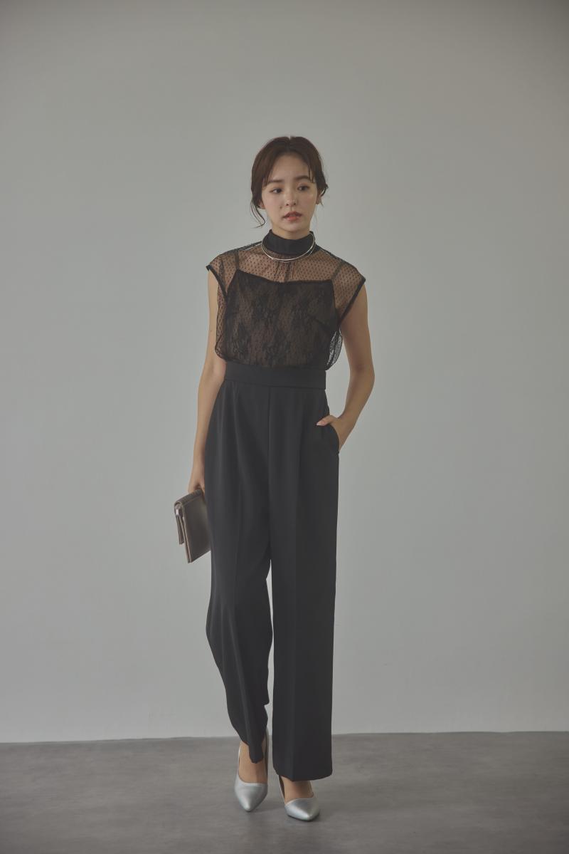 ブラックのチュールレースドッキングパンツドレス