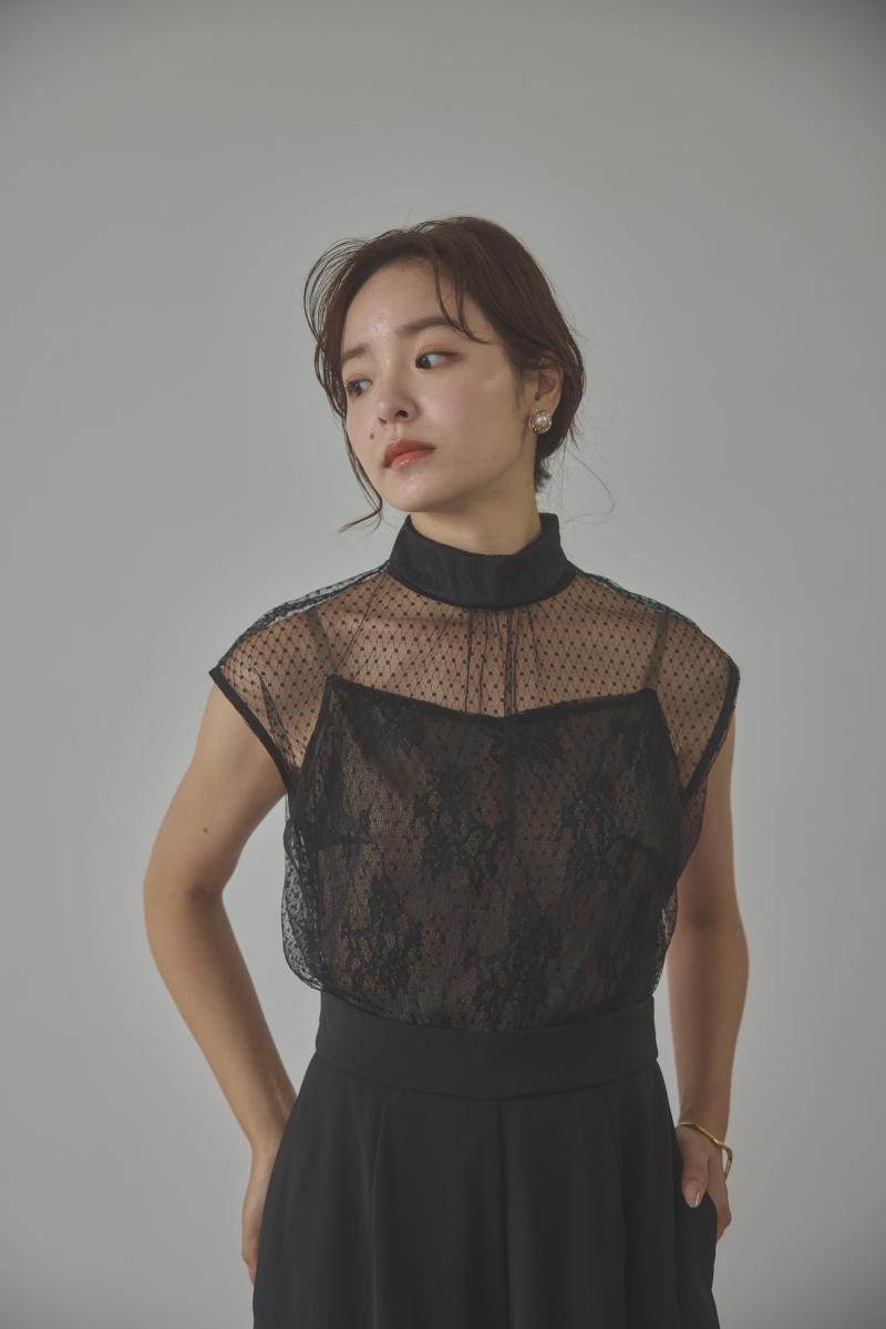 ブラックのチュールレースドッキングパンツドレス