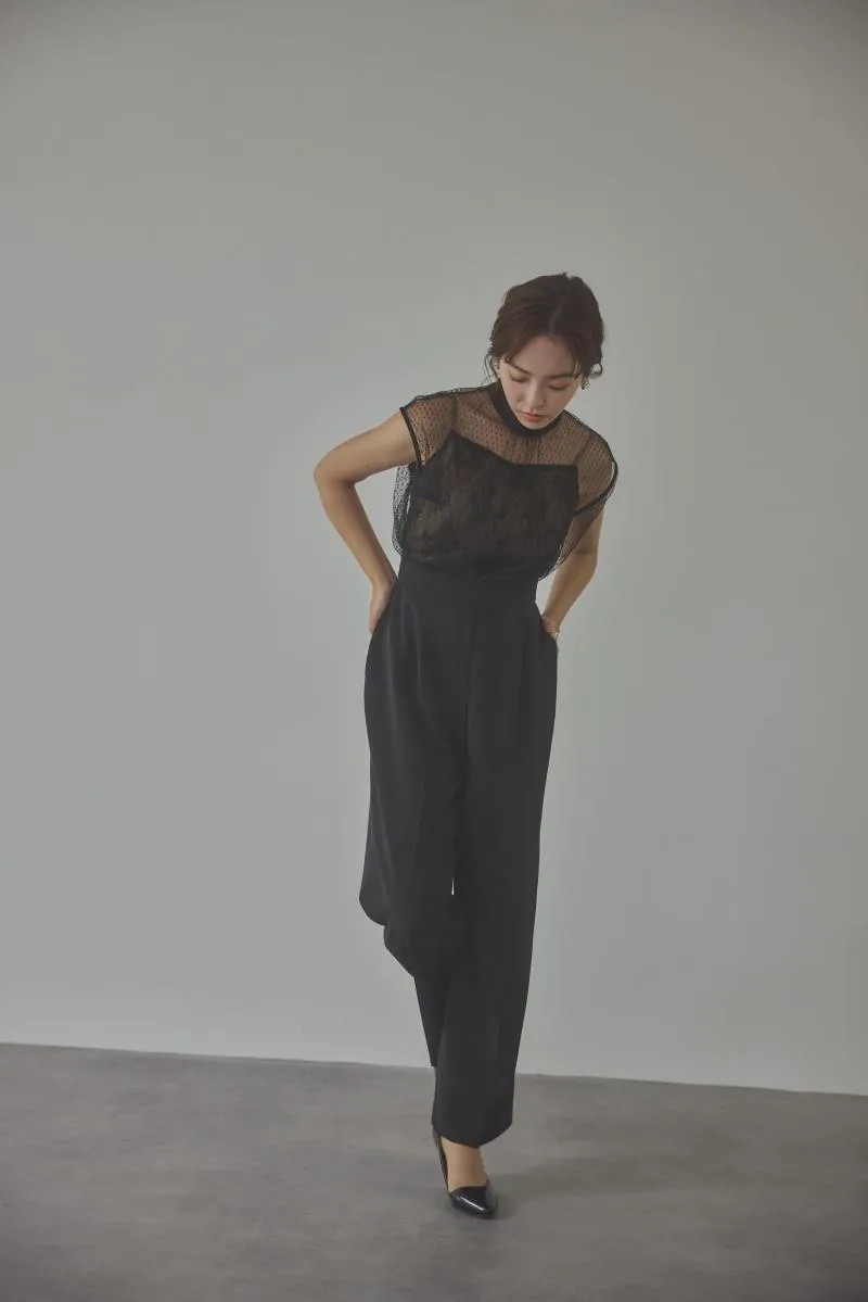 ブラックのチュールレースドッキングパンツドレス