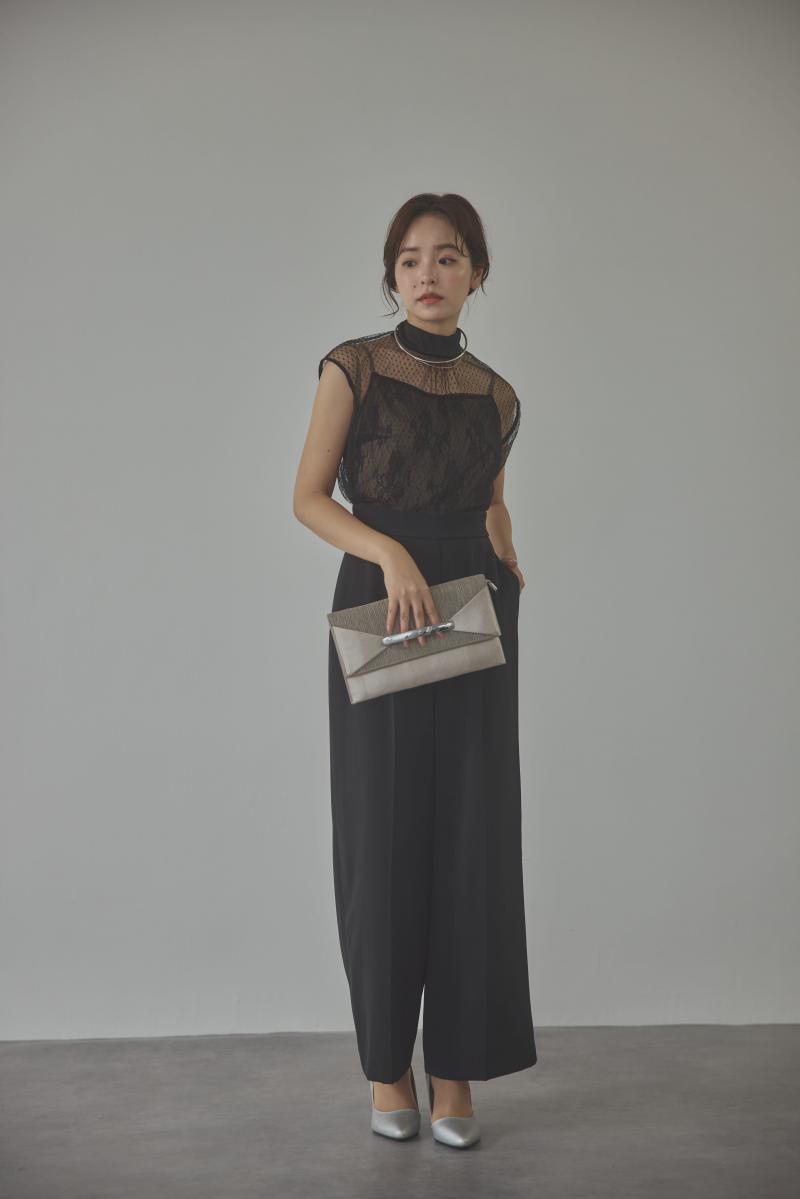 ブラックのチュールレースドッキングパンツドレス