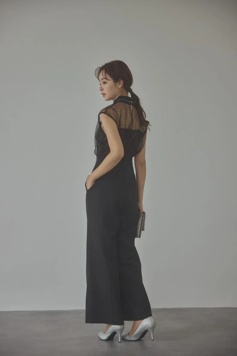 ブラックのチュールレースドッキングパンツドレス