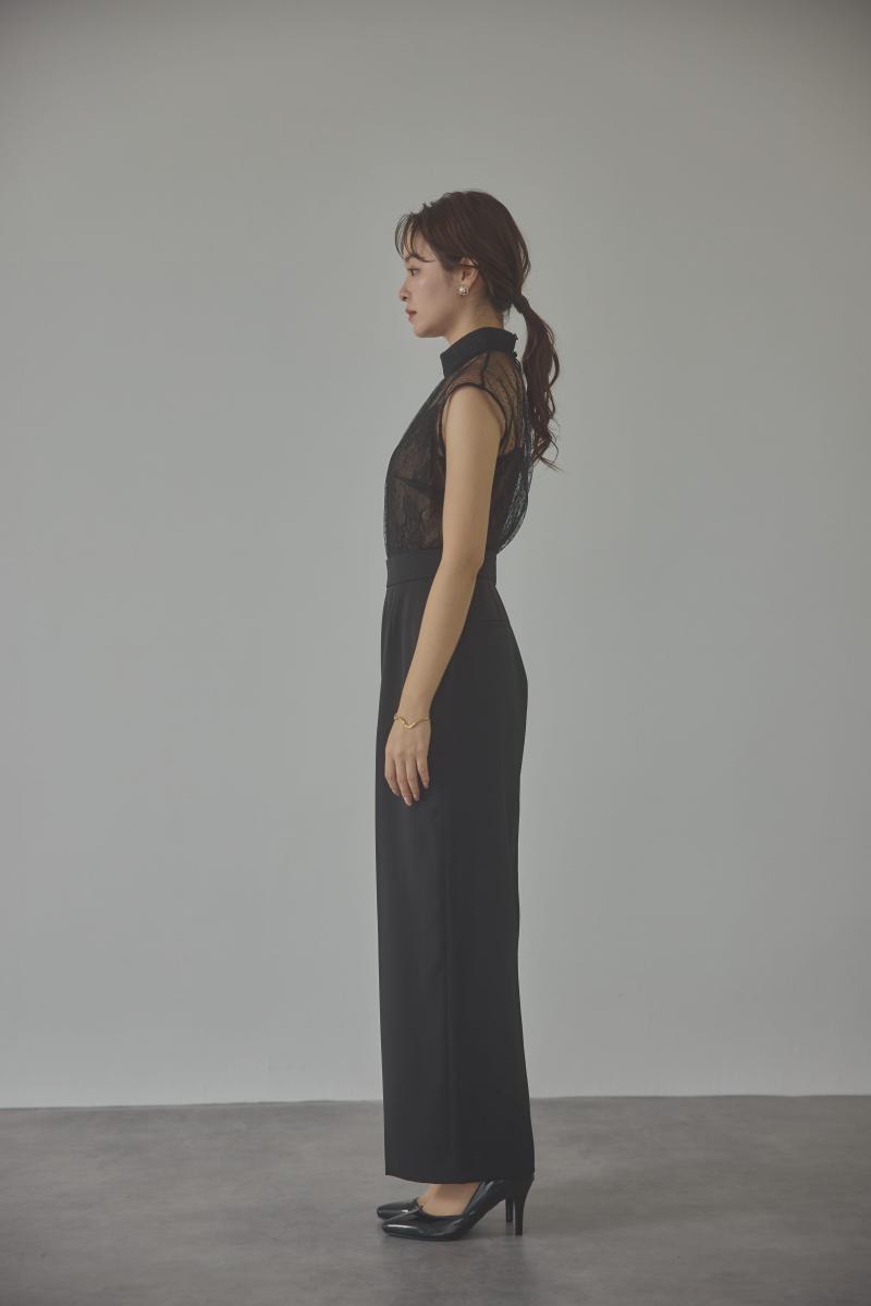 ブラックのチュールレースドッキングパンツドレス