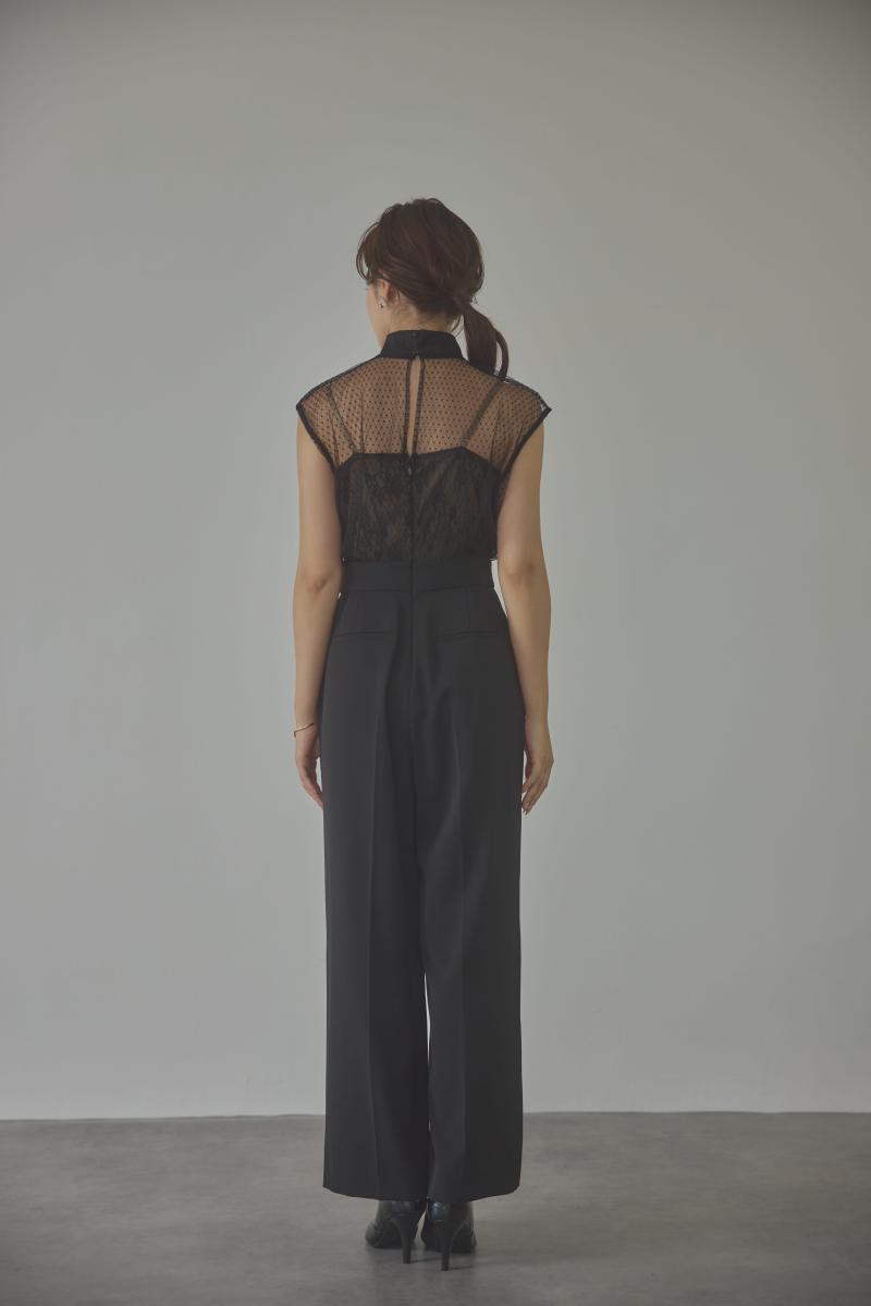 ブラックのチュールレースドッキングパンツドレス