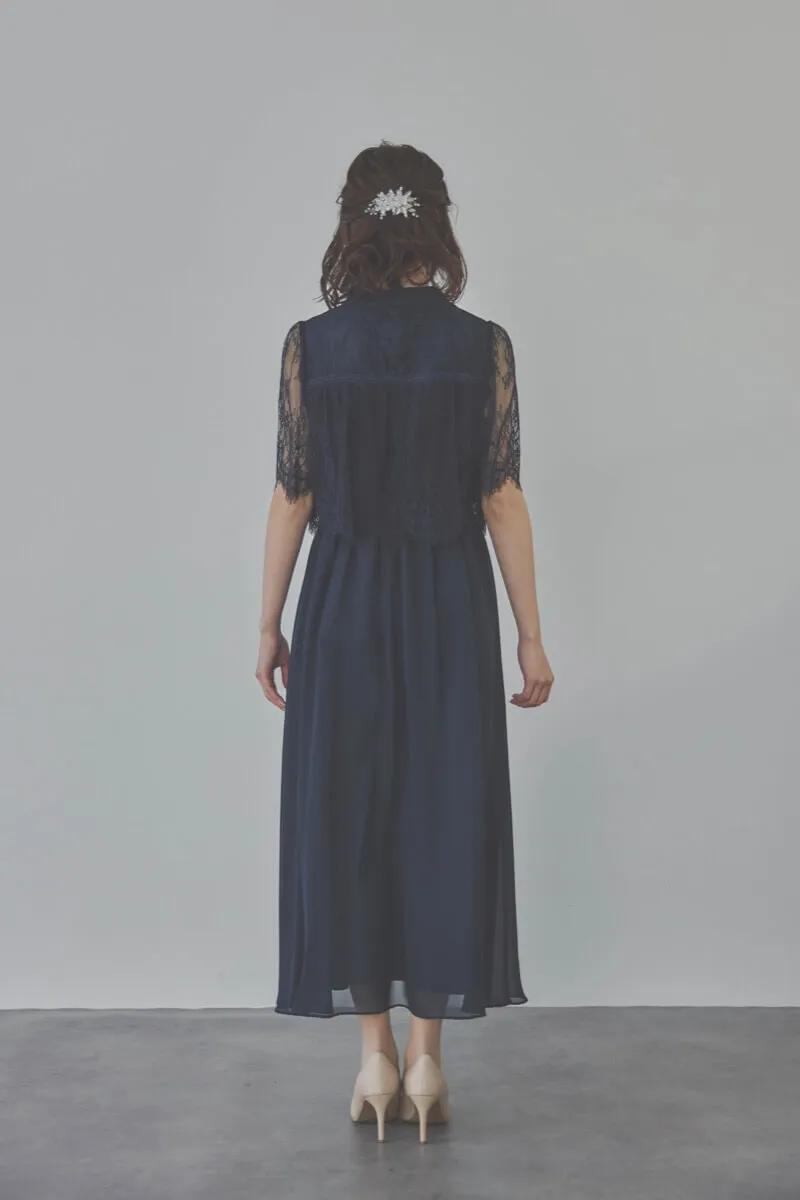 ネイビーの授乳口付ハイネックレースドレス