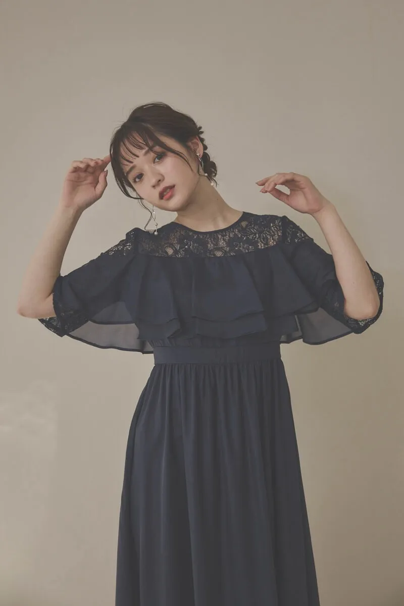 ネイビーの2WAYスリーブティアードドレス