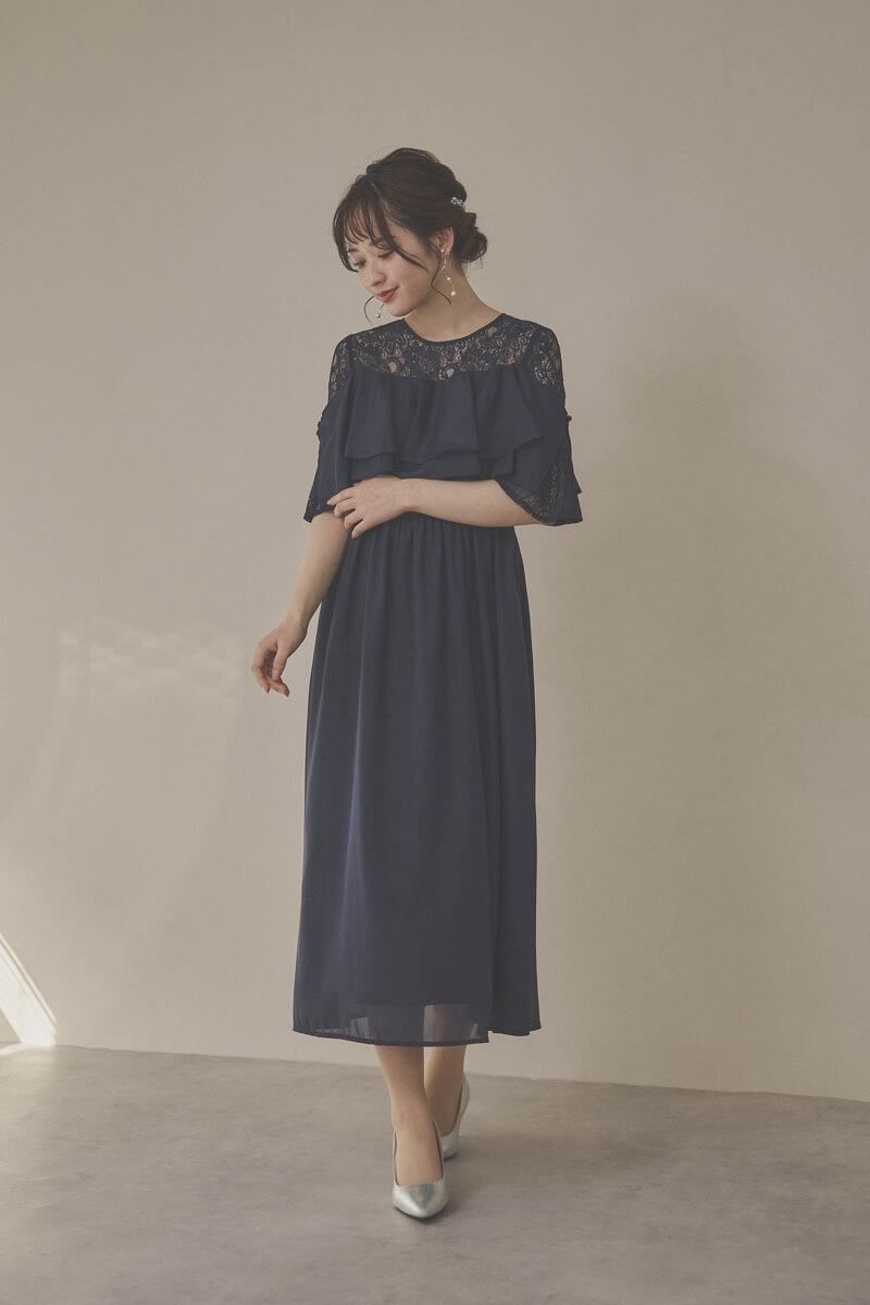 ネイビーの2WAYスリーブティアードドレス