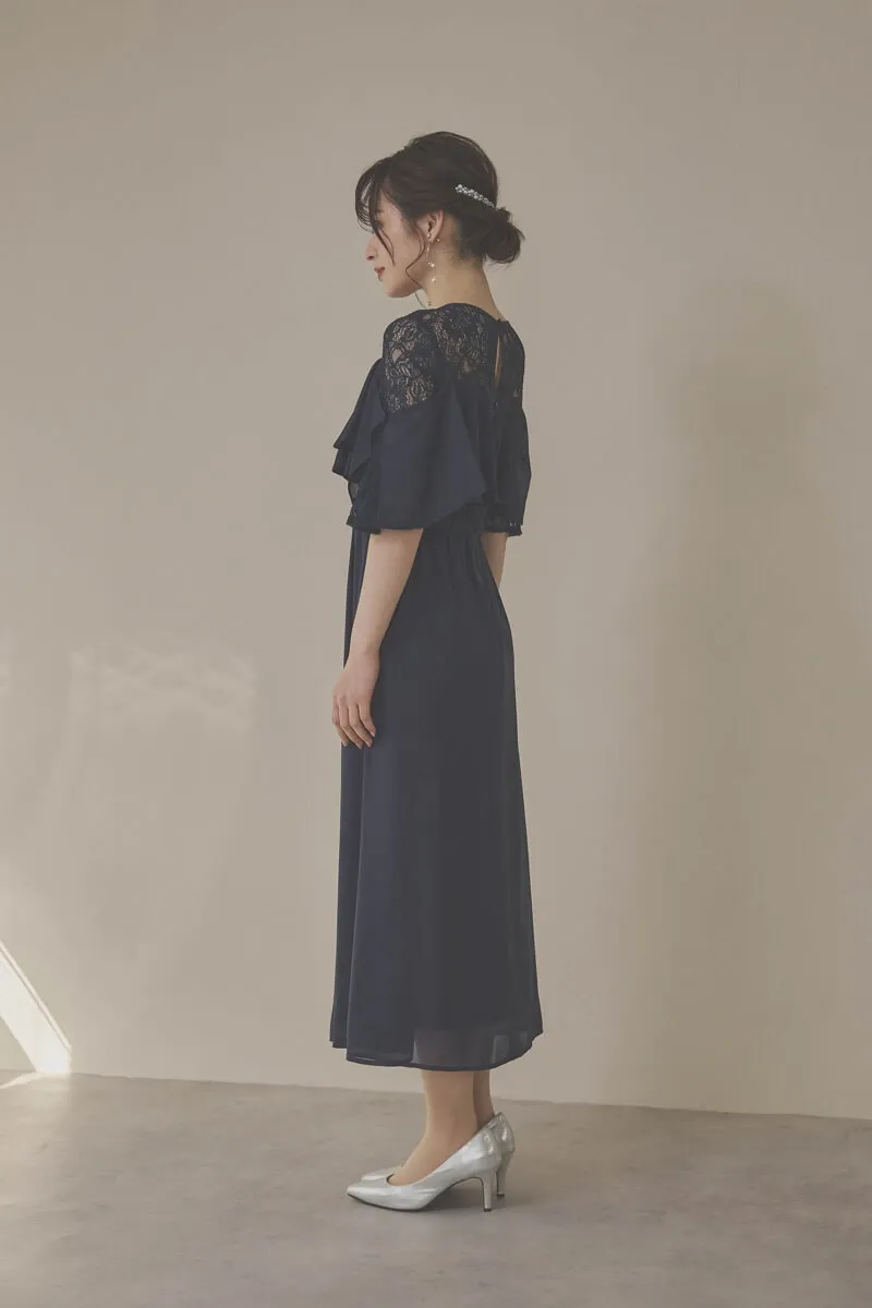 ネイビーの2WAYスリーブティアードドレス