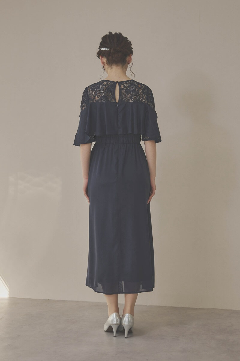 ネイビーの2WAYスリーブティアードドレス