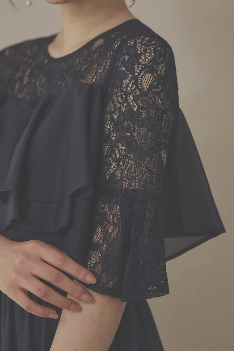 ネイビーの2WAYスリーブティアードドレス