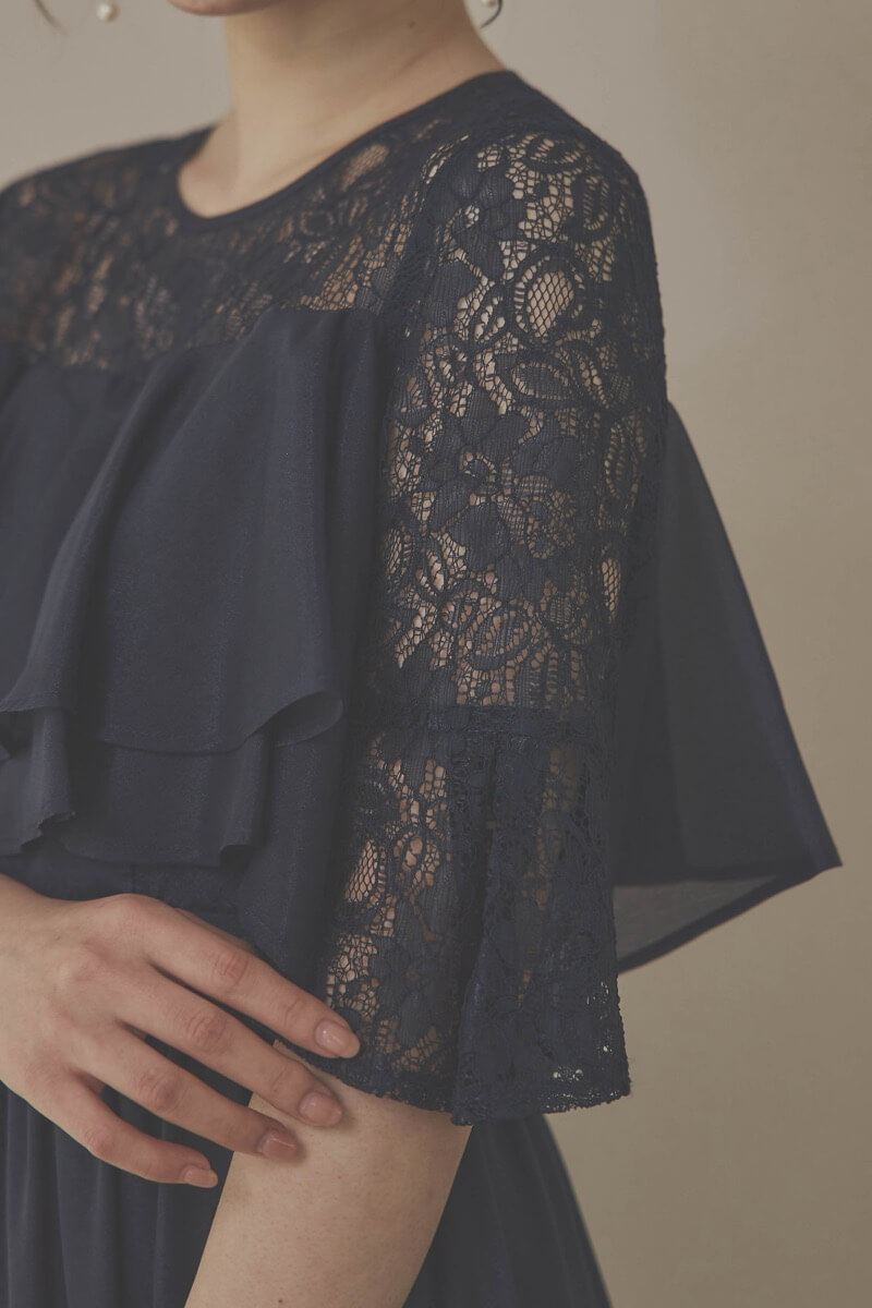 ネイビーの2WAYスリーブティアードドレス