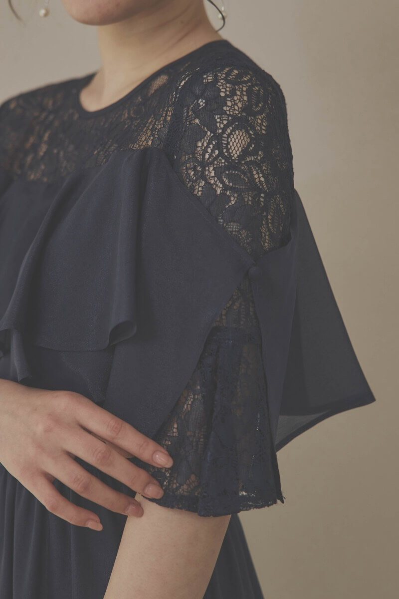 ネイビーの2WAYスリーブティアードドレス