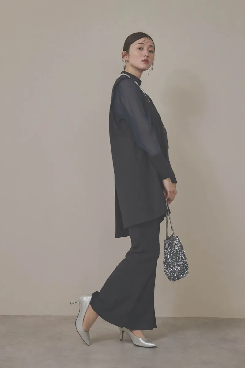 ネイビーのバックパールセットアップパンツドレス