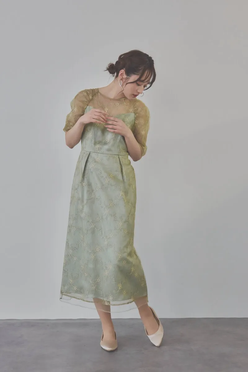 ミントのボリュームスリーブラメチュールドレス