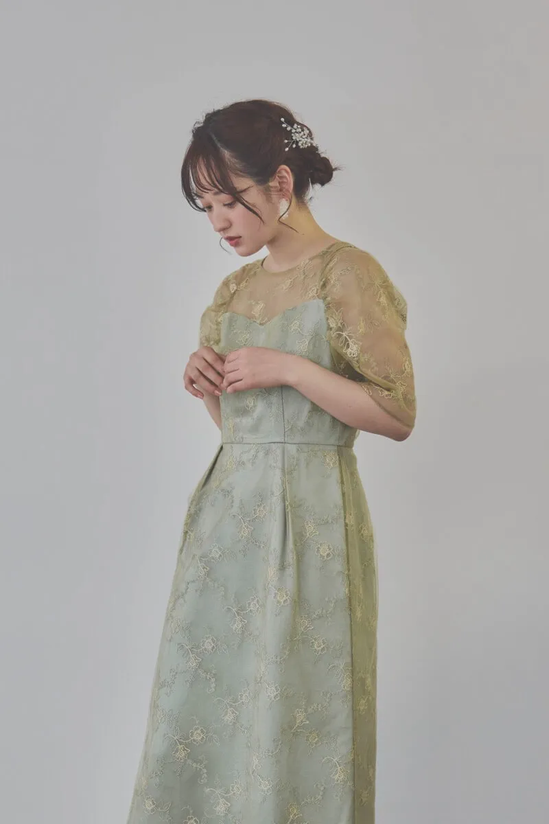 ミントのボリュームスリーブラメチュールドレス