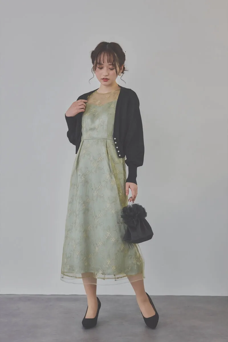 ミントのボリュームスリーブラメチュールドレス