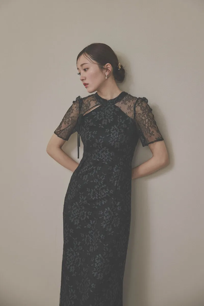 ブラックのマオカラーレースドレス