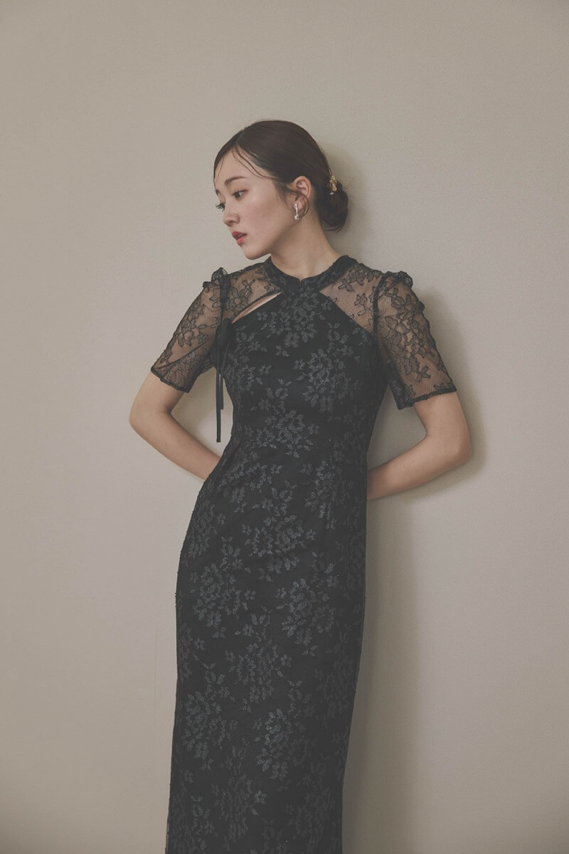 ブラックのマオカラーレースドレス