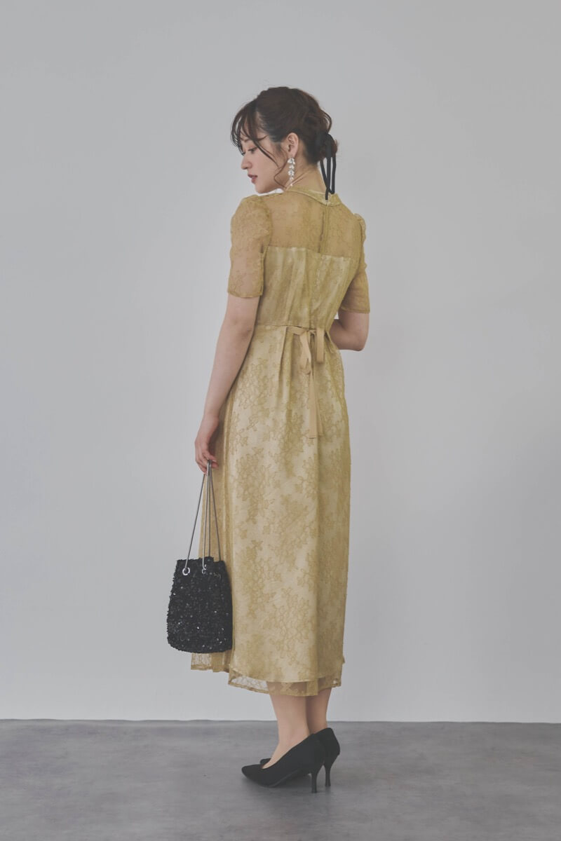 イエローのマオカラーレースドレス