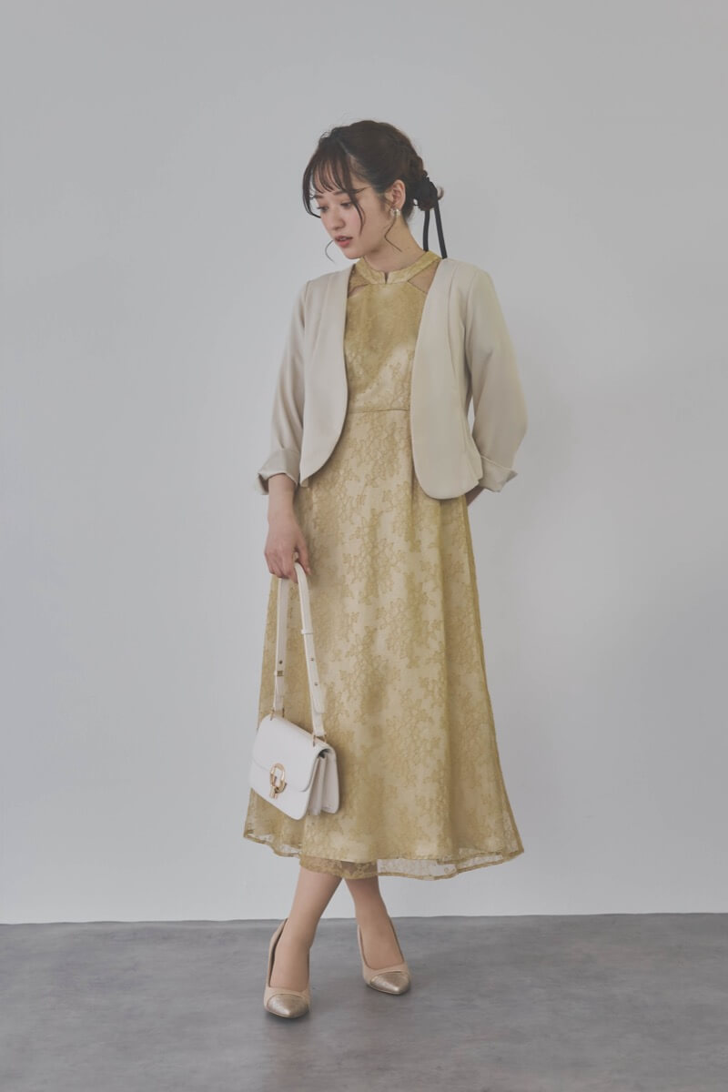 イエローのマオカラーレースドレス