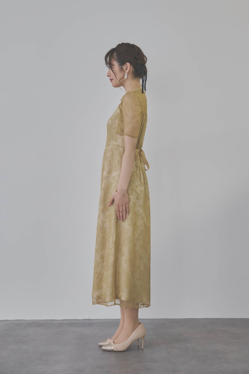 イエローのマオカラーレースドレス