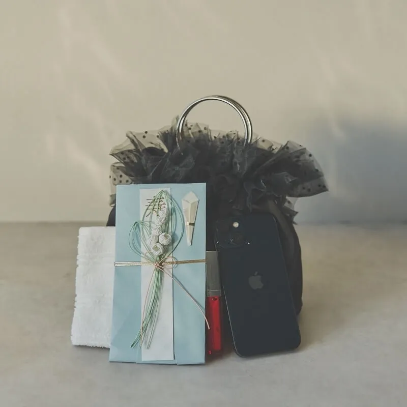 ブラックドットのサテンフリルバッグ