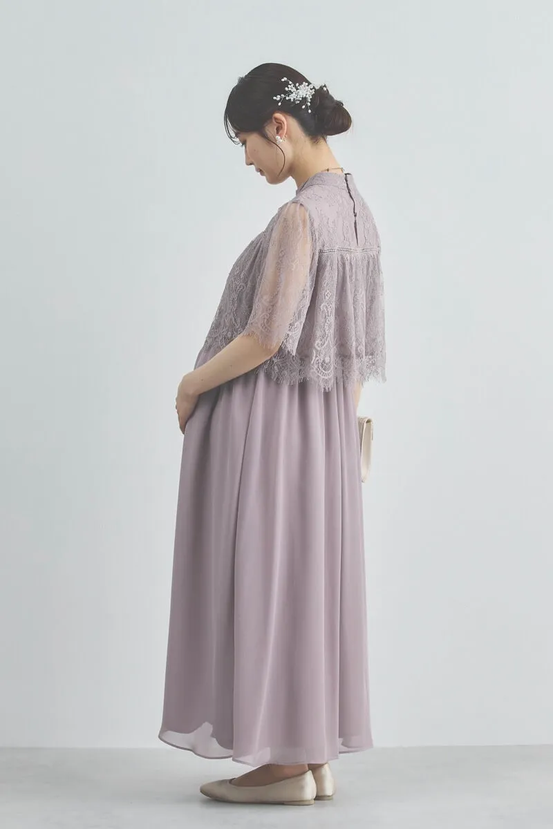 モーヴピンクの授乳口付きハイネックレースドレス