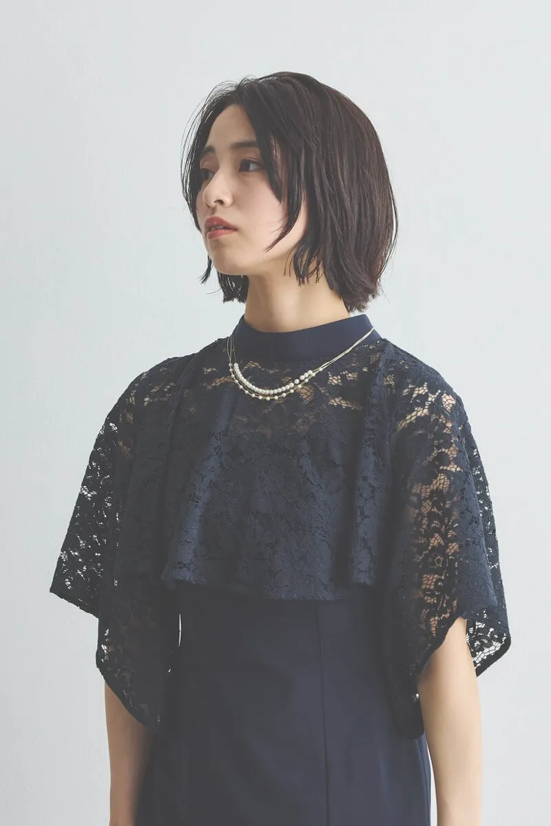 ネイビーのレーストップス付きIラインドレス