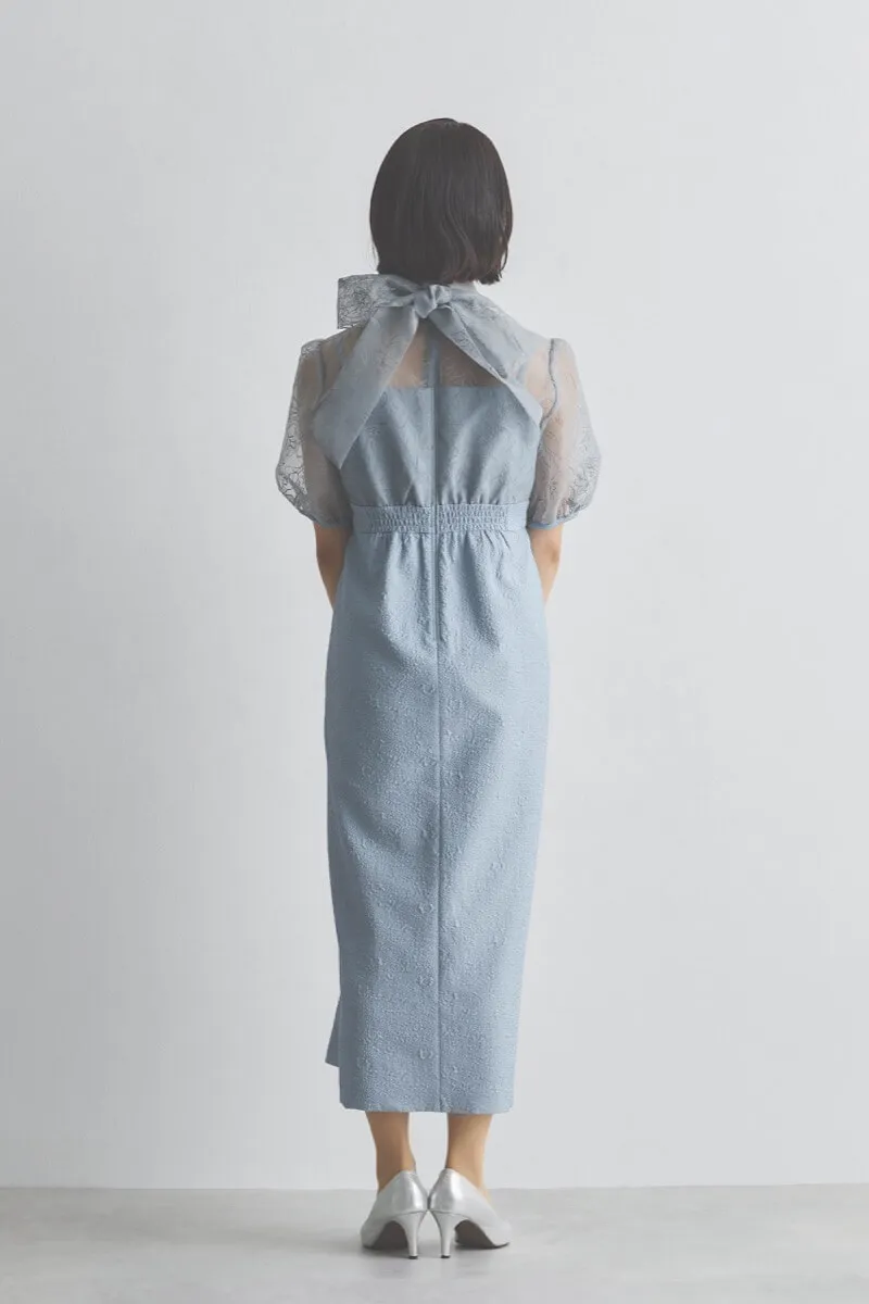 サックスのフラワープリントボウタイドレス