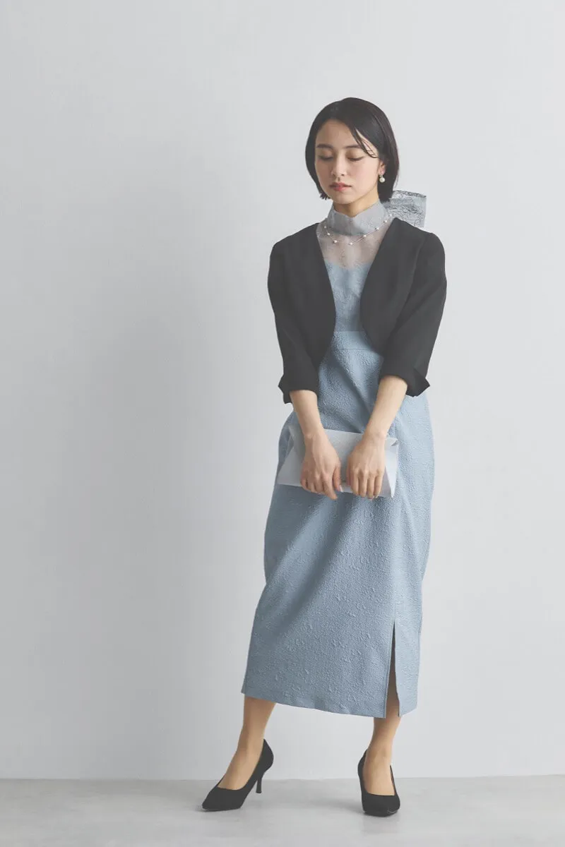 サックスのフラワープリントボウタイドレス