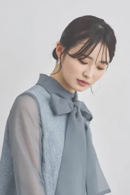 ブルーグレーのレース×チュールミックスドレス[M,マタニティ] kaene