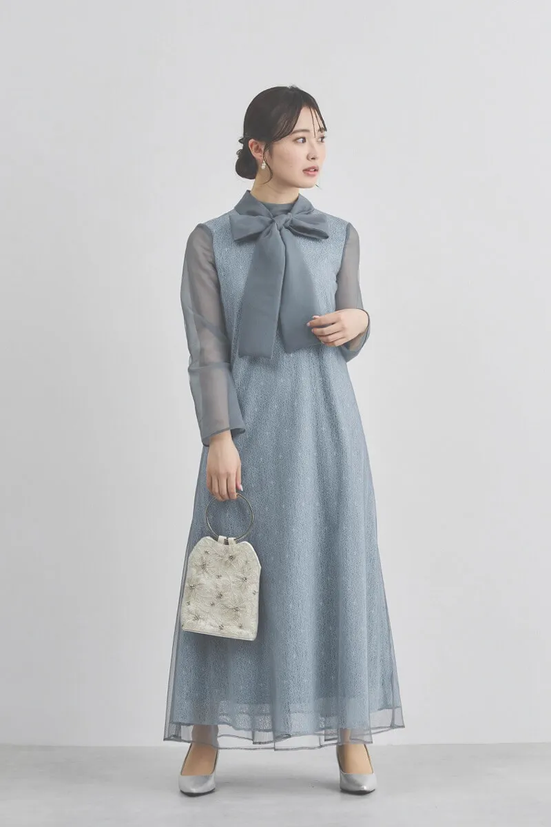 ブルーグレーのレース×チュールミックスドレス