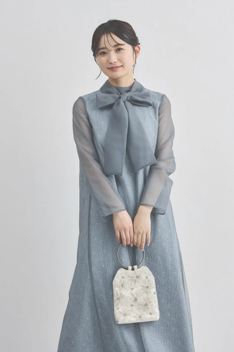 ブルーグレーのレース×チュールミックスドレス