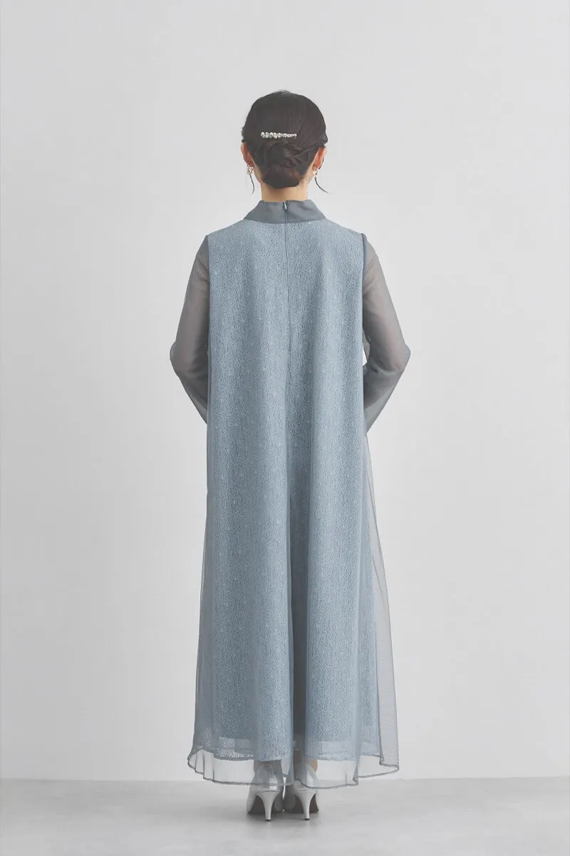 ブルーグレーのレース×チュールミックスドレス