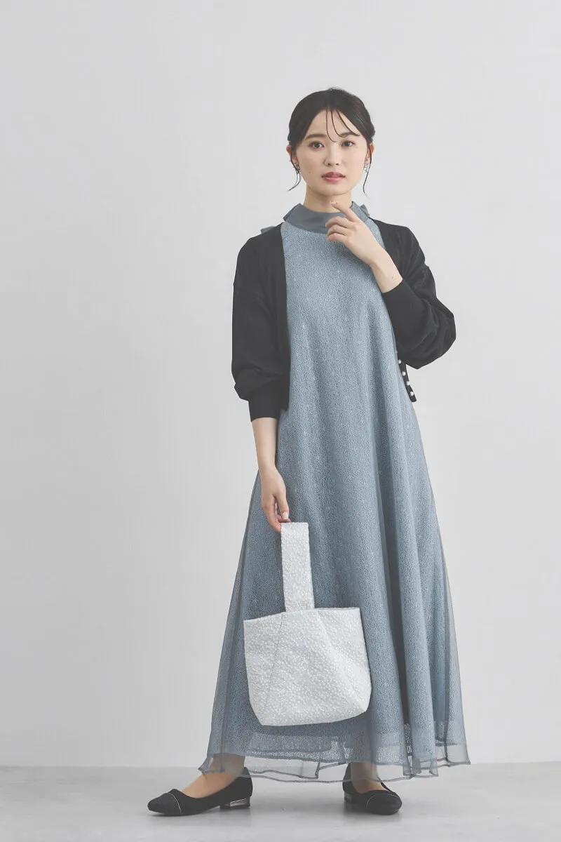 ブルーグレーのレース×チュールミックスドレス