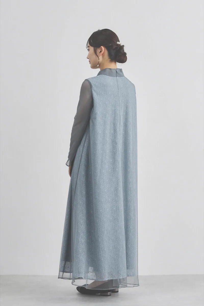 ブルーグレーのレース×チュールミックスドレス