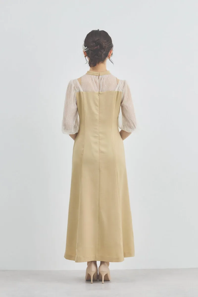 ナチュラルイエローのカッティングデザインサテンドレス