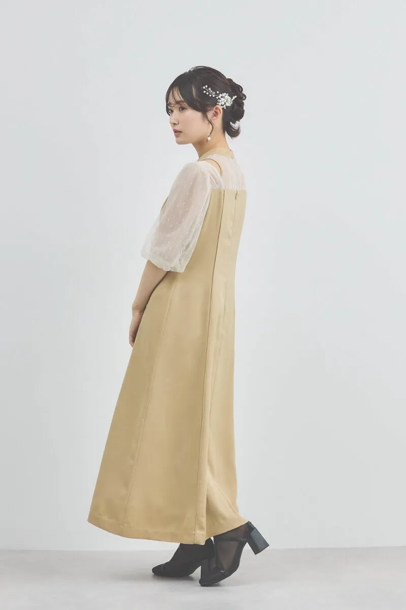 ナチュラルイエローのカッティングデザインサテンドレス