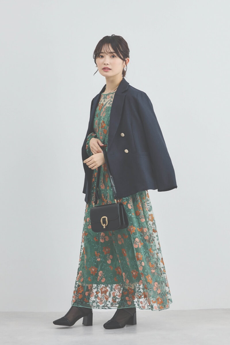 グリーンのフラワーエンブロイダリーオーガンジードレス