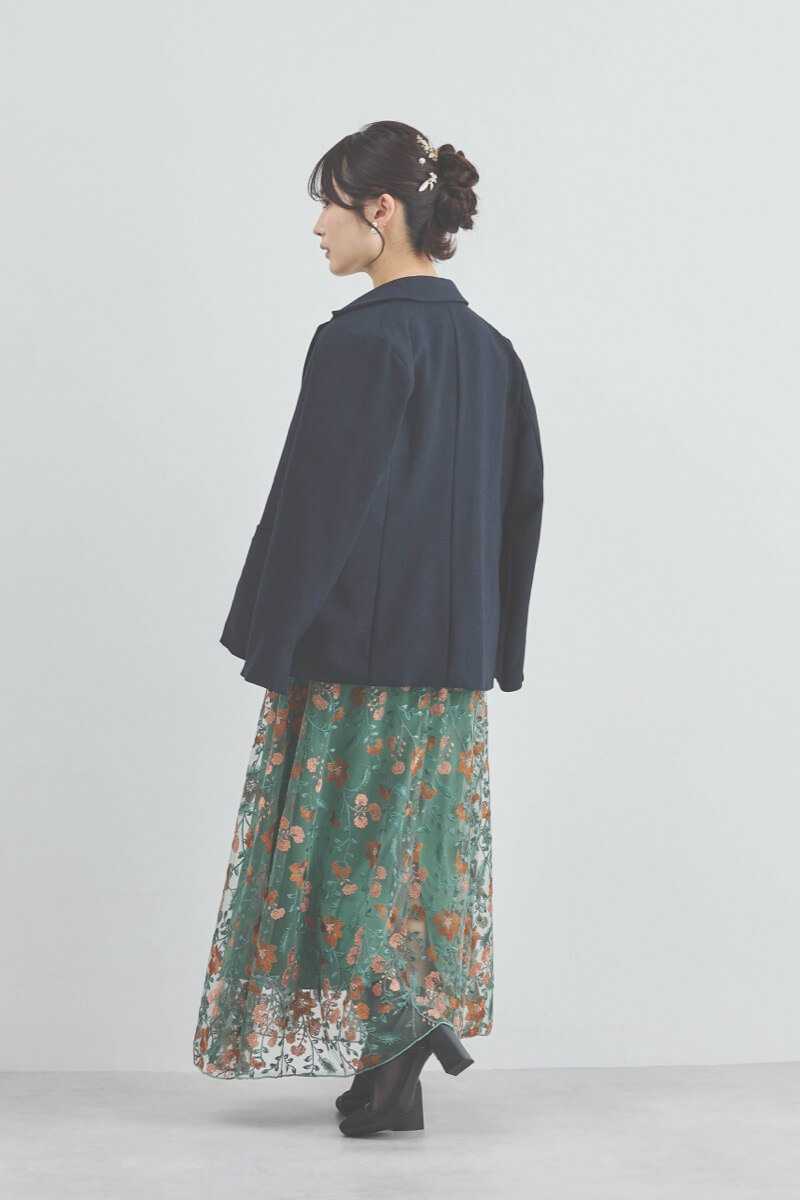 グリーンのフラワーエンブロイダリーオーガンジードレス